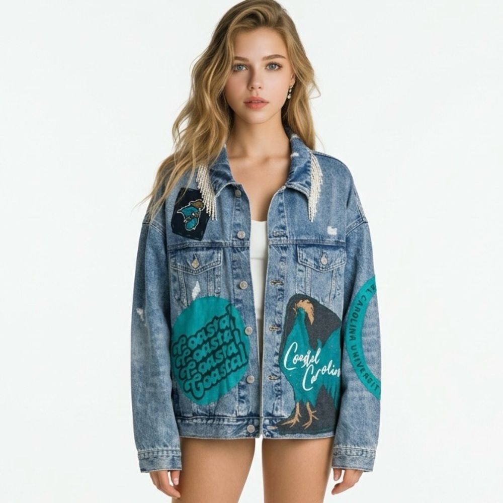 COASTAL CAROLINA UNIVERSITY CHANTS Upcycled Blue Denim Jean Jacket Size X-Large